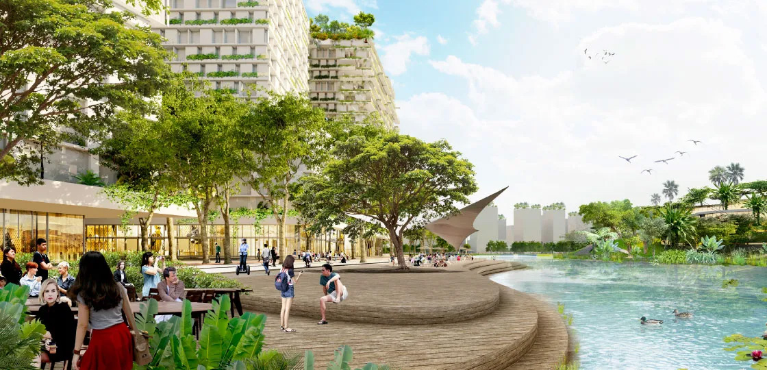 People walking on the Jurong Lake district waterfront