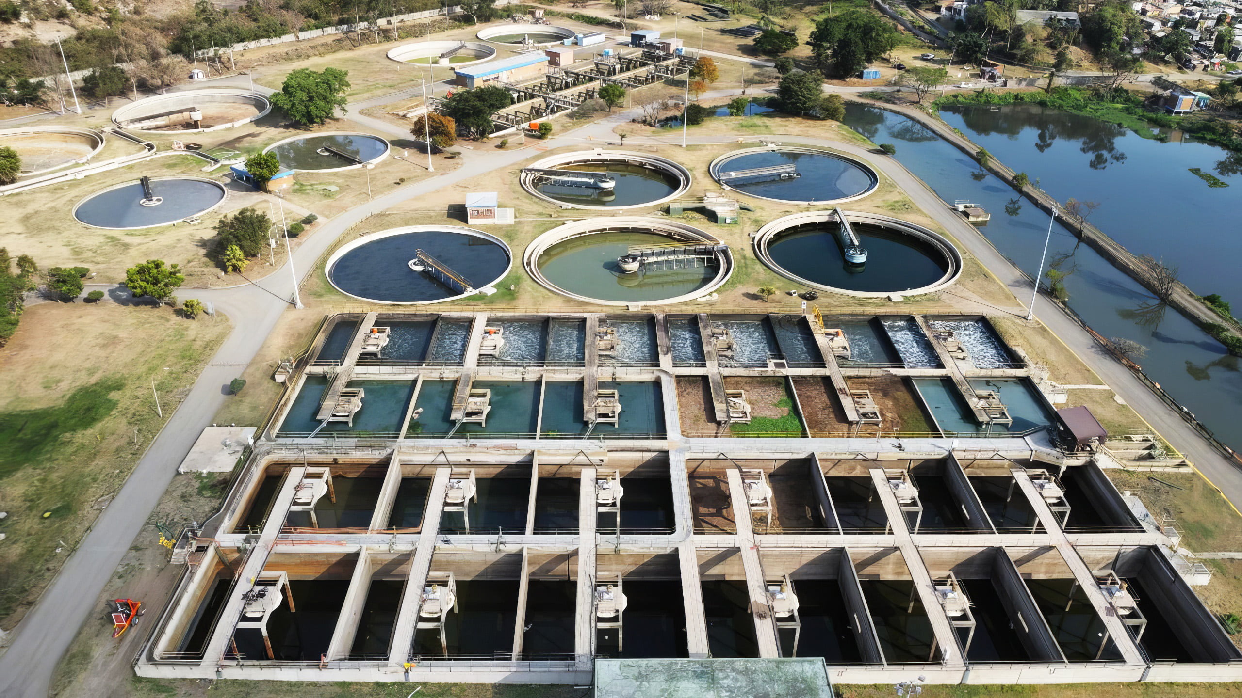 Aerial of wastewater treatment tanks